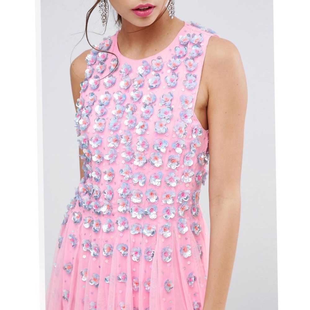 ASOS SALON PINK floral embellished mesh fit and flare mini dress sz14 uk18 NWOT